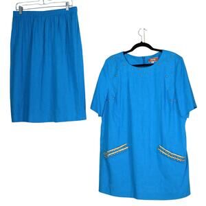 Vintage 80s 90s Blue & Gold Skirt Set Studded Tunic Pleated LINEN Rayon Plus 16
